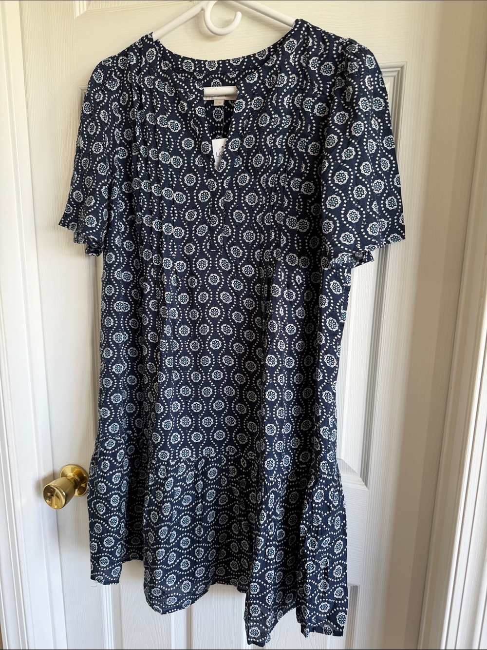 NWT LOFT Navy Printed Short Sleeve Tiered Mini Dress - Picture 6 of 12